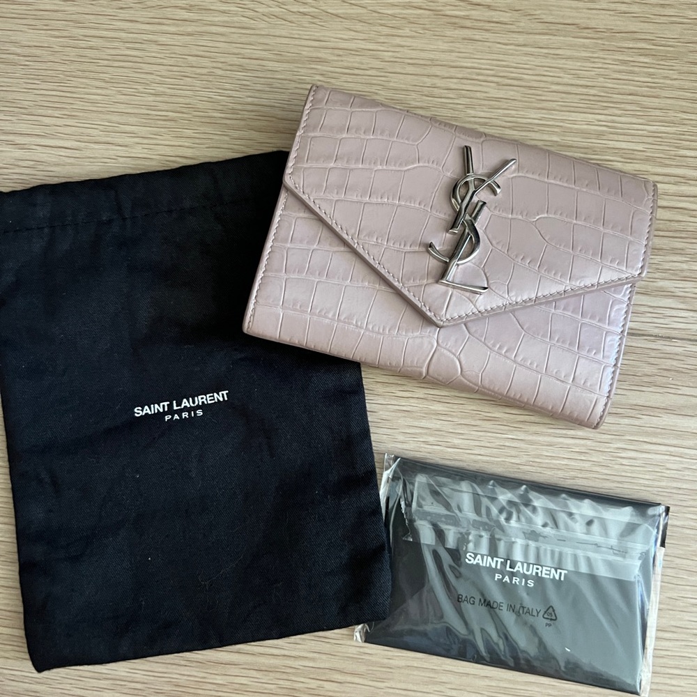Yves saint Laurent YSL uptown logo croc-embossed wallet in pink authentic